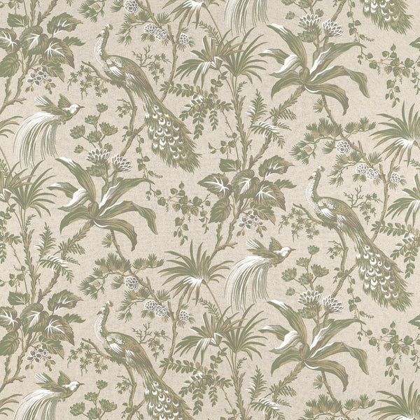 Thibaut Peacock Toile Fabric - Green and Natural