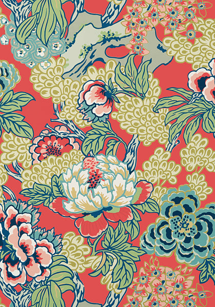 Green and Coral Floral Linen Fabric, Chinoiserie